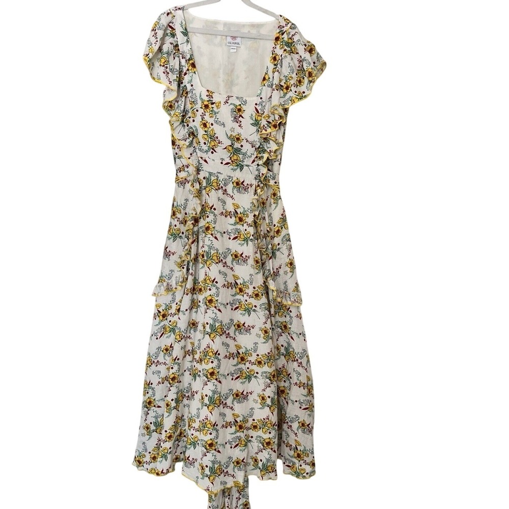Gul Hurgel Floral White Yellow Ruffle 100% Linen Dress Pinafore Pockets Small - Picture 2 of 16